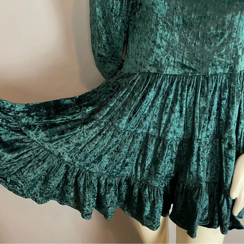 Vintage Crushed Velvet Babydoll Dress Green Christmas Girls Sz 14 Rosette Tiered